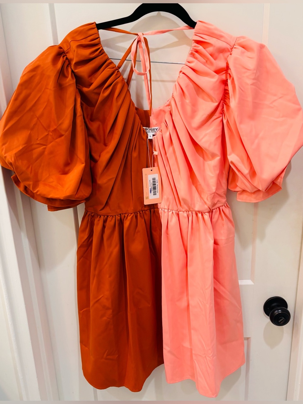 NWT Crosby Two-Tone Puff Sleeve Mini Dress in Rust & Coral